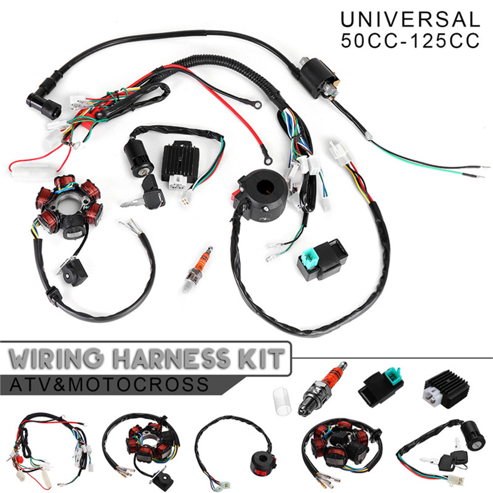 50CC-125CC-Mini-ATV-Complete-Wiring-Harness-CDI-STATOR-6-Coil-Pole-Ignition-Electric-1340552