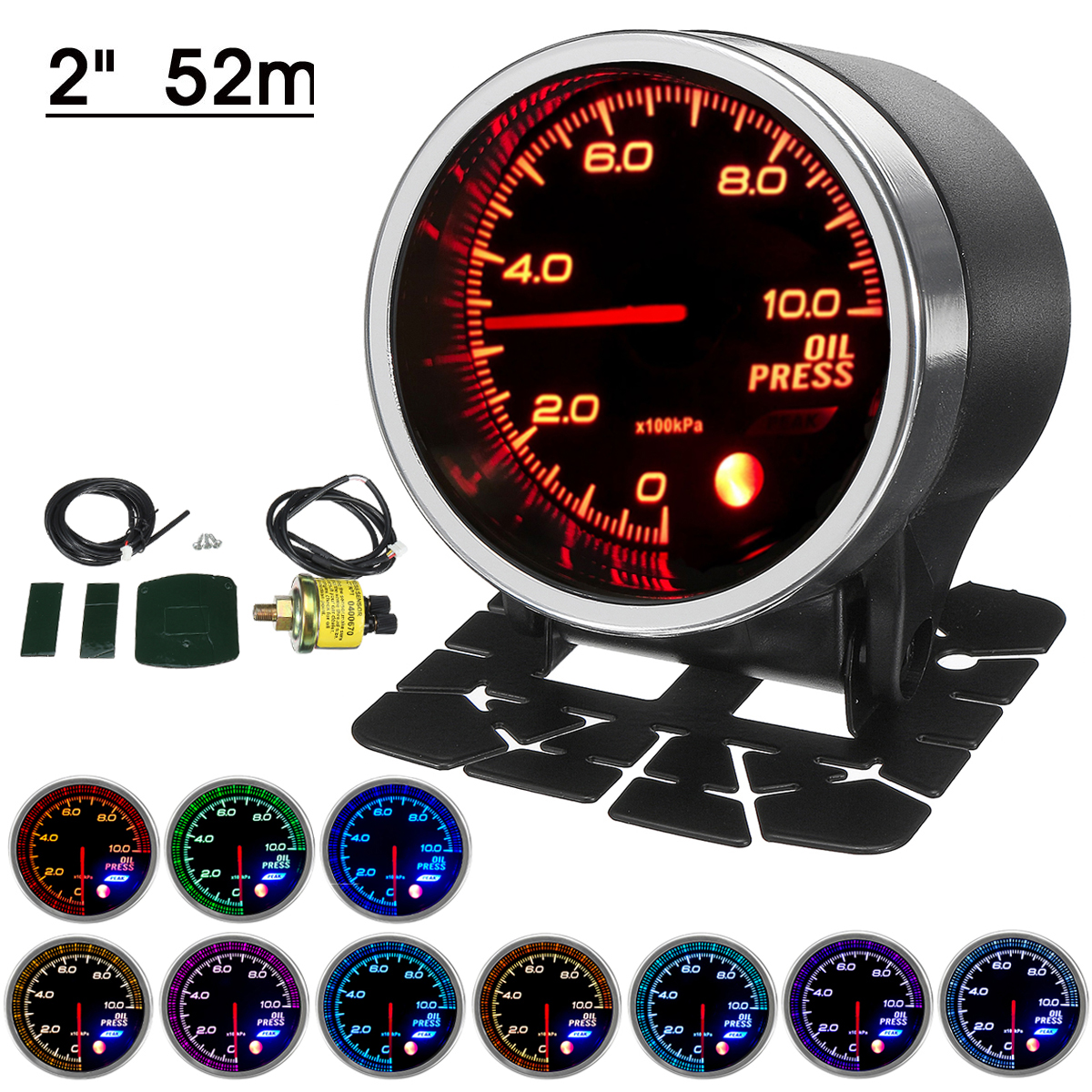 12V-2-52mm-18-NPT-Oil-Press-Pressure-Gauge-Meter-LED-10-Colors--Sensor-1580720