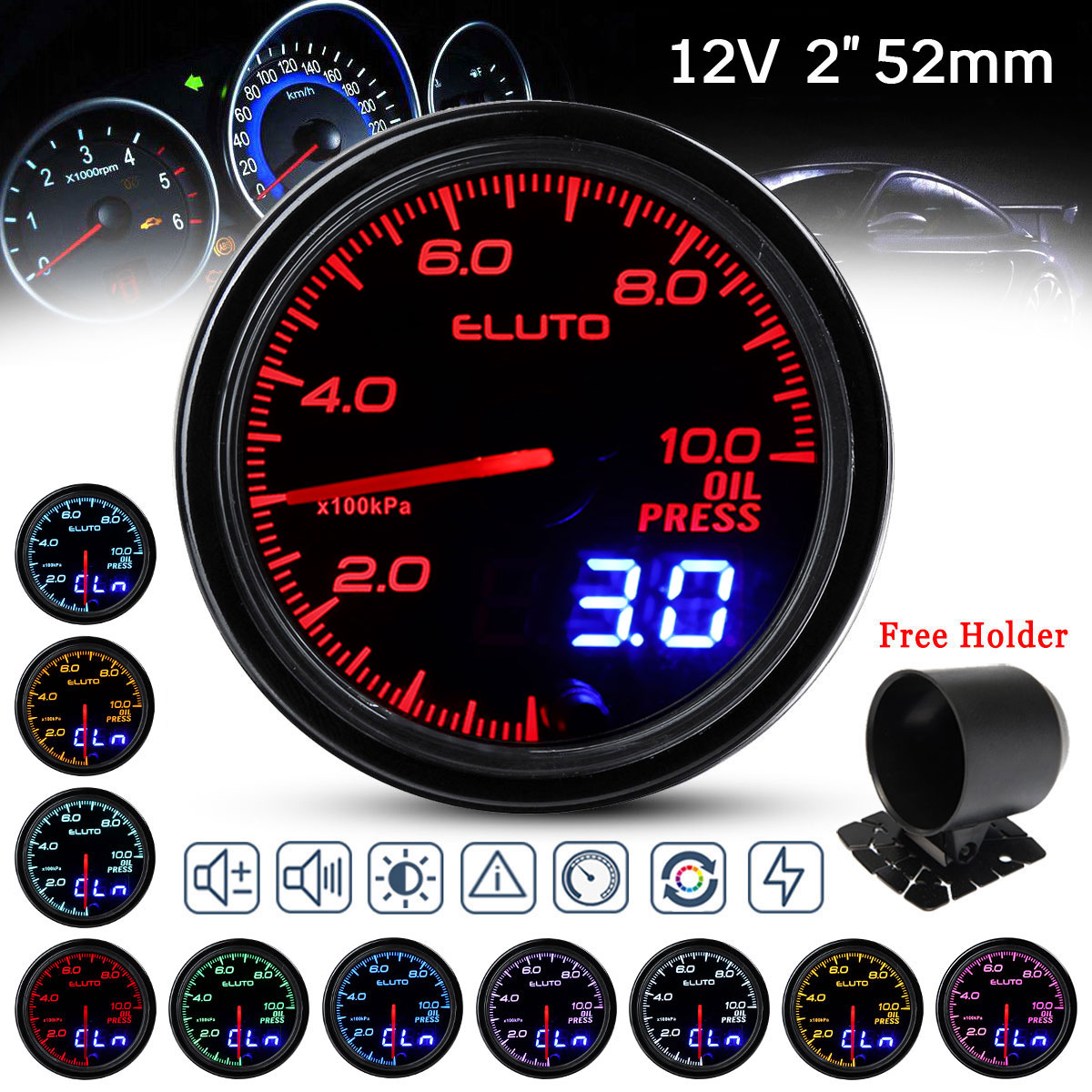 12V-2-Inch-52mm-Oil-Pressure-Gauge-Meter-With-Sensor-7-Color-LED-Tinted-Face-Universal-1608399