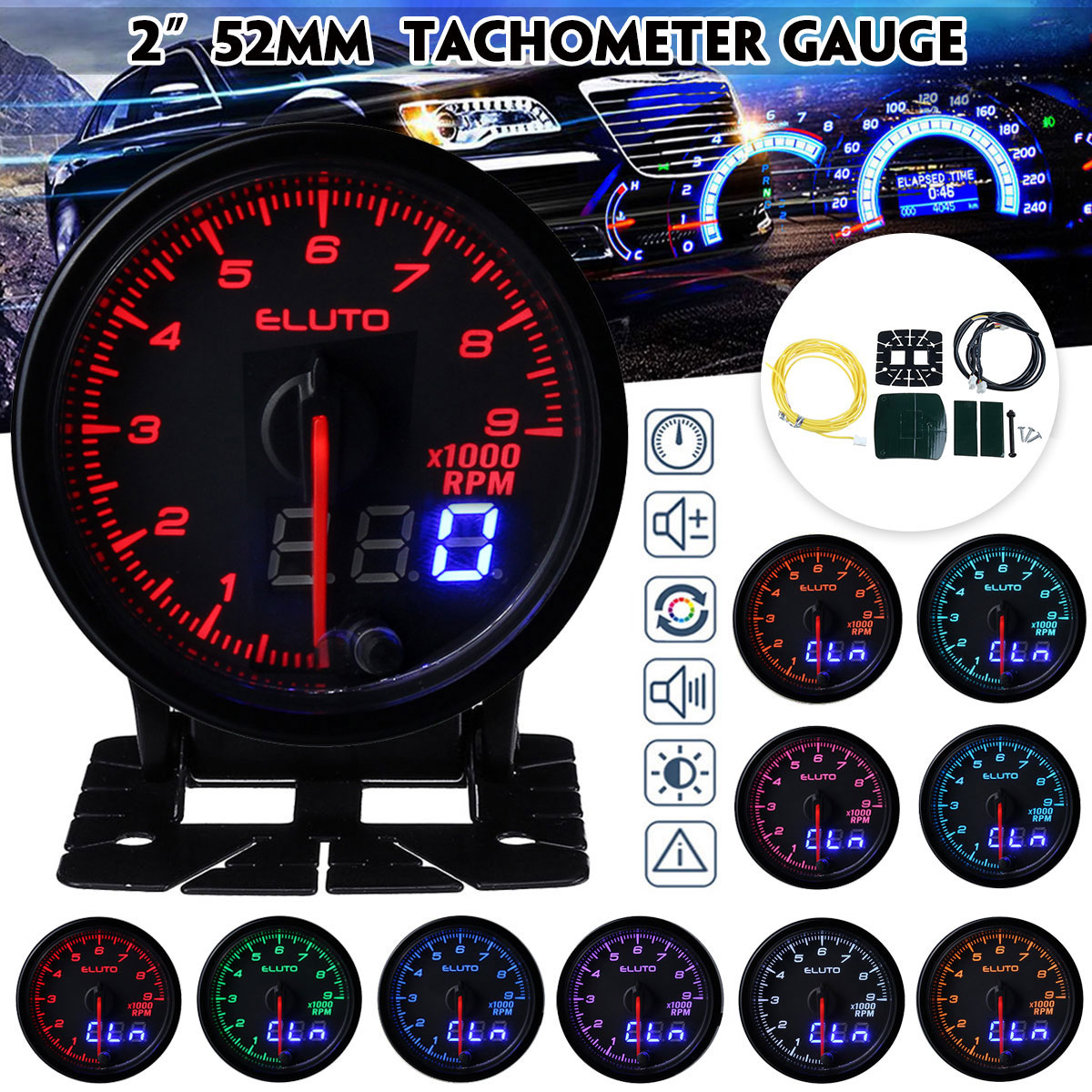 2-Inch-52mm-Auto-Tach-Tachometer-RPM-Gauge-Meter-10-Color-LED-Tinted-Face-Universal-1608396
