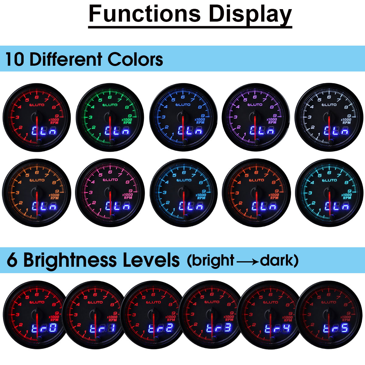 2-Inch-52mm-Auto-Tach-Tachometer-RPM-Gauge-Meter-10-Color-LED-Tinted-Face-Universal-1608396