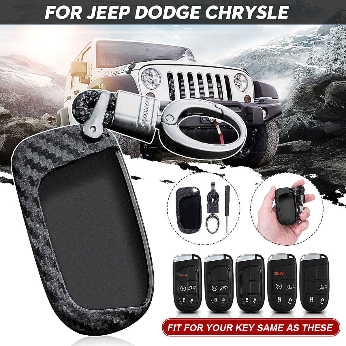 Carbon-Silicone-Remote-Smart-Key-Fob-Cover-with-Keychain-For-JeepDodgeChrysler-1659532