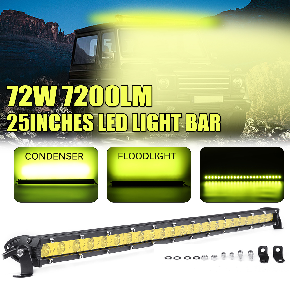 25-Inch-72W-24LED-Work-Light-Bar-7200LM-Single-Row-Spot-Flood-Yellow-Lamp-Waterproof-Car-Truck-1811906