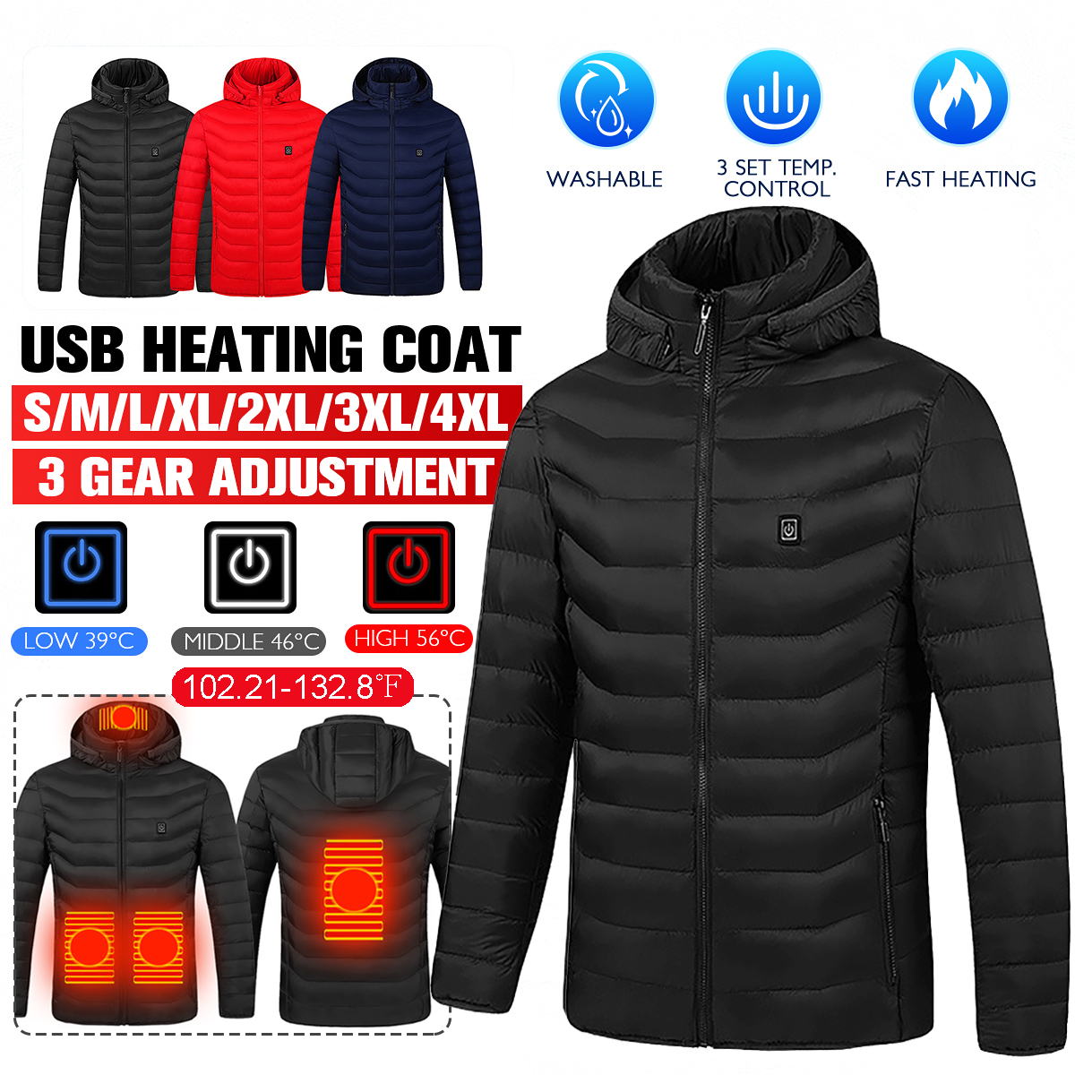 Unisex-Electric-Heated-Warm-Hooded-Jacket-Coat-Infrared-Heating-Long-Sleeve-USB-1753296
