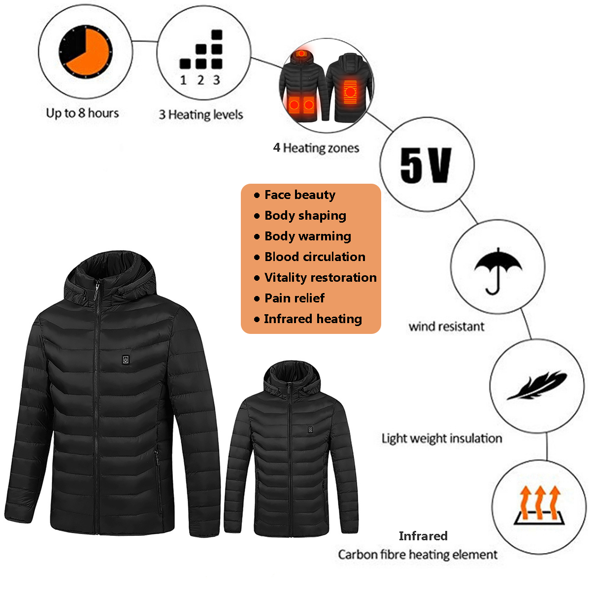 Unisex-Electric-Heated-Warm-Hooded-Jacket-Coat-Infrared-Heating-Long-Sleeve-USB-1753296