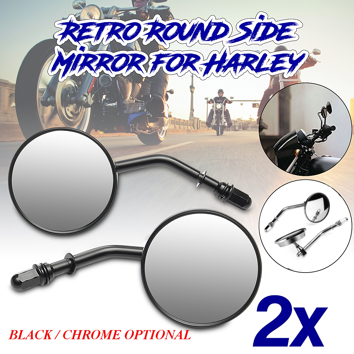 Pair-3quot-Round-Motorcycle-Rear-View-Mirrors-Aluminum-Classic-Retro-For-Davidson-Ryca-XL-Sportster--1166986