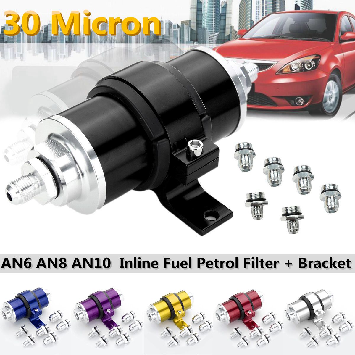AN6-AN8-AN10-30-Micron-Billet-Aluminum-Inline-Fuel-Oil-Petrol-FilterBracket-Set-1548800