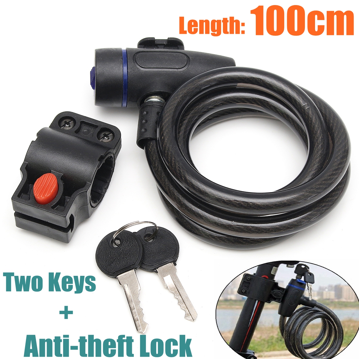 100cm-x-12mm-Black-Steel-Cable-Lock-w-2-Keys-Strong-Security-Chain-For-Motorcycle-Scooter-Bicycle-1148988