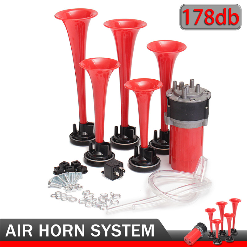 178DB-12V-Compressor-Air-Horn-Kit-Red-Trumpets-Dukes-for-Car-Truck-Boat-1359383