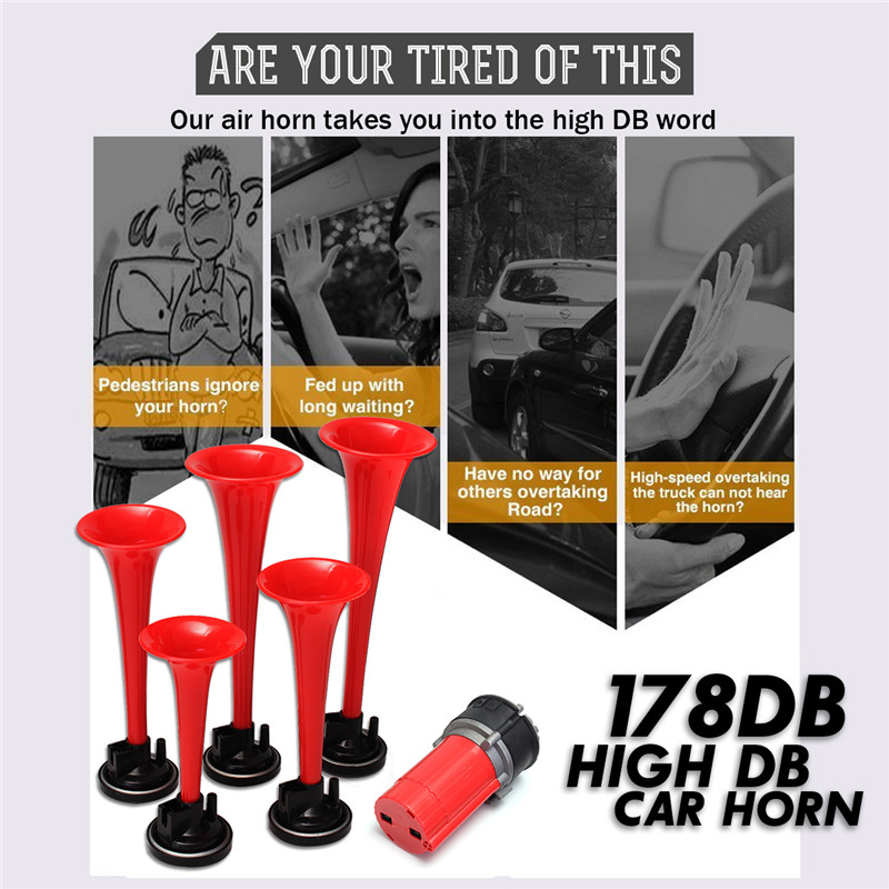 178DB-12V-Compressor-Air-Horn-Kit-Red-Trumpets-Dukes-for-Car-Truck-Boat-1359383