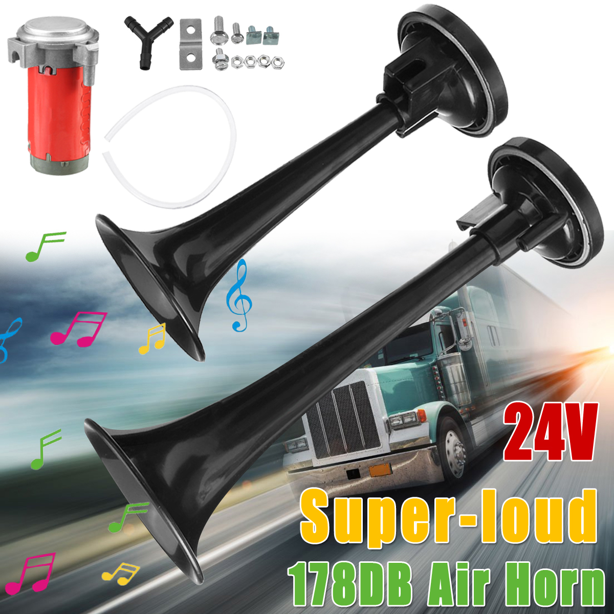 24V-Air-Horn-Train-Kit-Dual-Trumpet-Ultra-Loud-For-Car-Truck-Motorcycle-Black-1582998