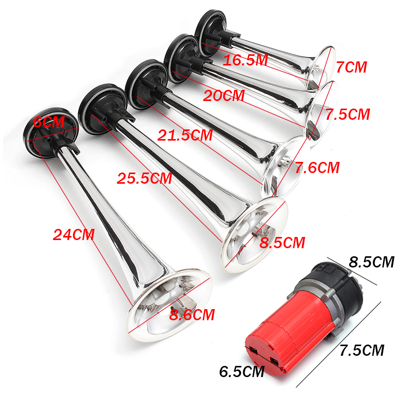 5pcs-178DB-12V-Compressor-Air-Horn-Kit-Silver-Trumpets-Chrome-Dukes-Car-Truck-1352283
