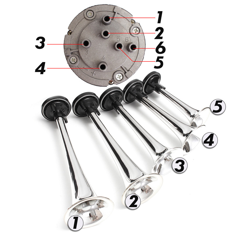 5pcs-178DB-12V-Compressor-Air-Horn-Kit-Silver-Trumpets-Chrome-Dukes-Car-Truck-1352283