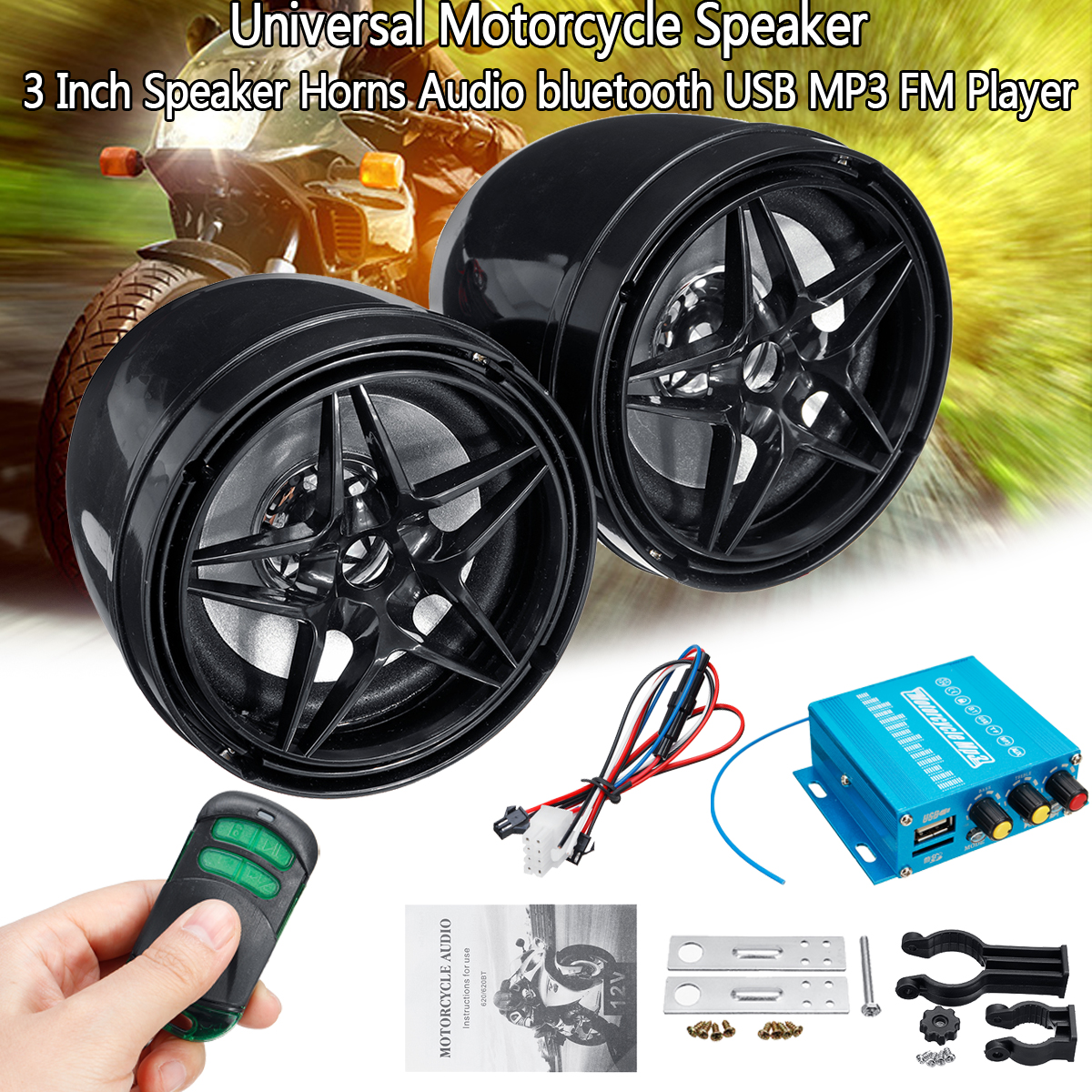 Motorcycle-Sound-System-Handlebar-Mount-2-Speakers-FM-Radio-Audio-MP3-Stereo-1530290