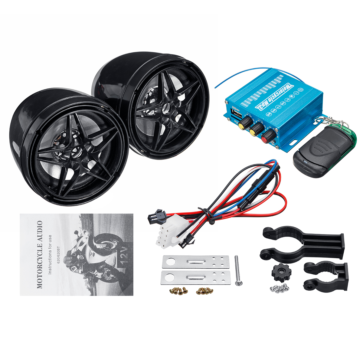Motorcycle-Sound-System-Handlebar-Mount-2-Speakers-FM-Radio-Audio-MP3-Stereo-1530290