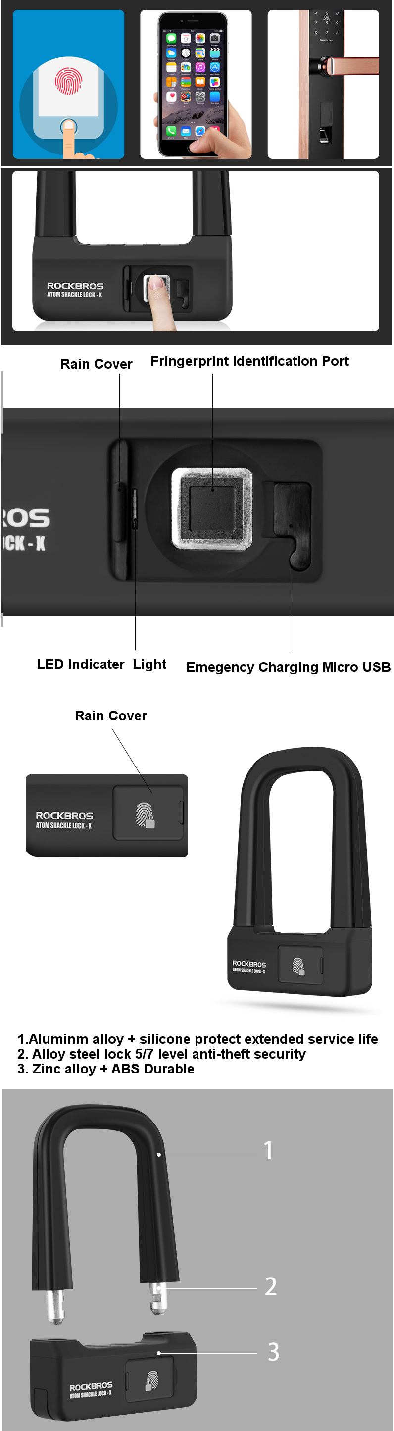 ROCKBROS-Fingerprint-Anti-theft-U-Lock-Folding-Motorcycle-Bike-Lock-Cycling-Mountain-MTB-Road-1411316