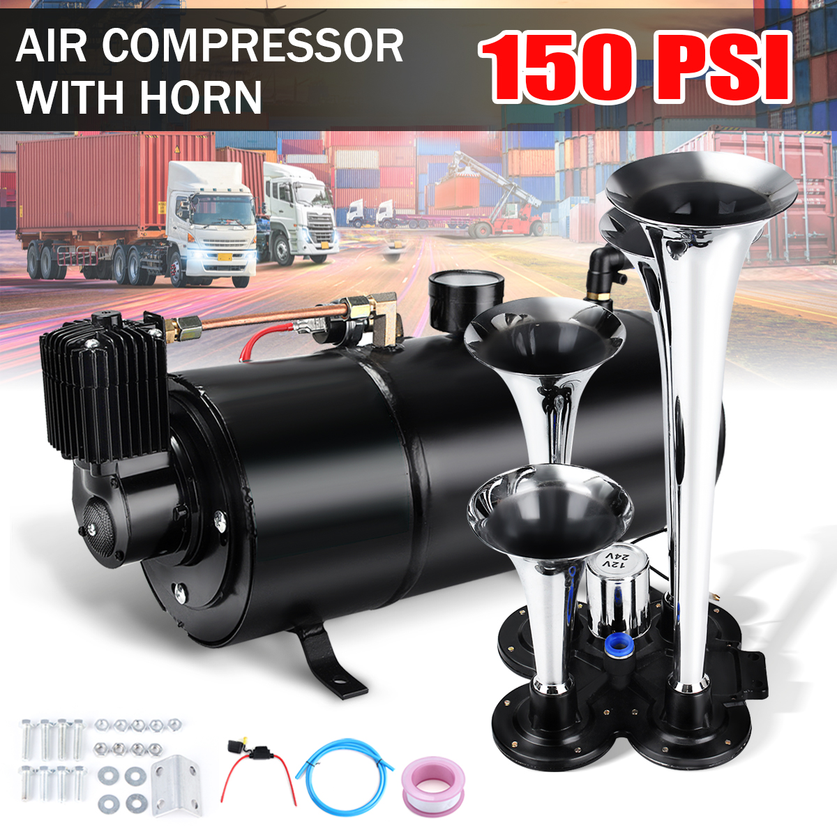 Truck-Train-4-Trumpet-Chrome-Air-Horn-Kit-W-150-PSI-12V-3-Liter-Air-Compressor-1368840