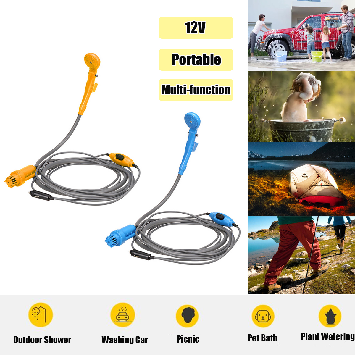 12V-Car-Camping-Shower-Spray-Pump-Kit-Portable-Outdoor-Travel-Hiking-Clean-Fast-1722977