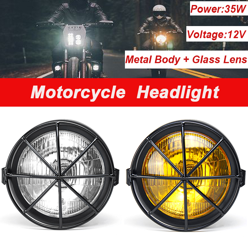 12V-35W-65inch-Retro-Motorcycle-Headlight-With-Grill-YellowWhite-Cover-1543176
