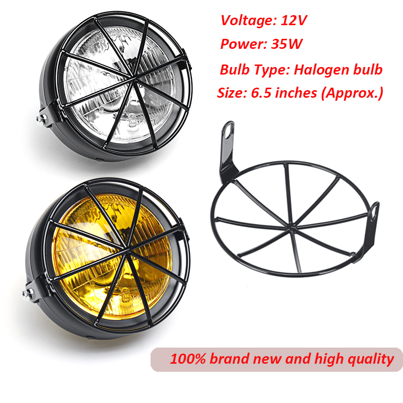 12V-35W-65inch-Retro-Motorcycle-Headlight-With-Grill-YellowWhite-Cover-1543176
