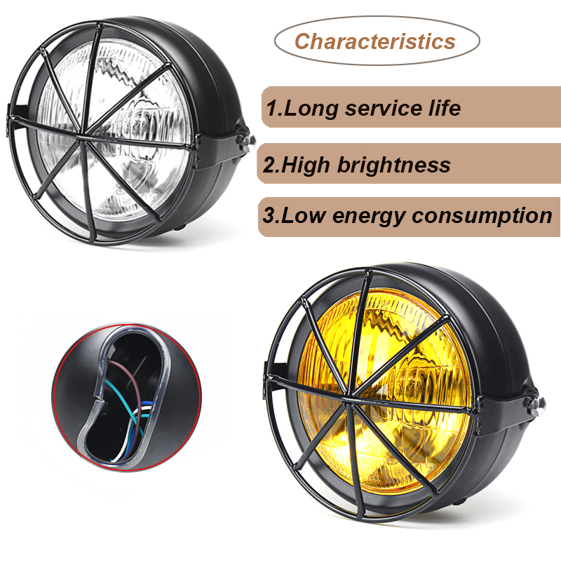12V-35W-65inch-Retro-Motorcycle-Headlight-With-Grill-YellowWhite-Cover-1543176