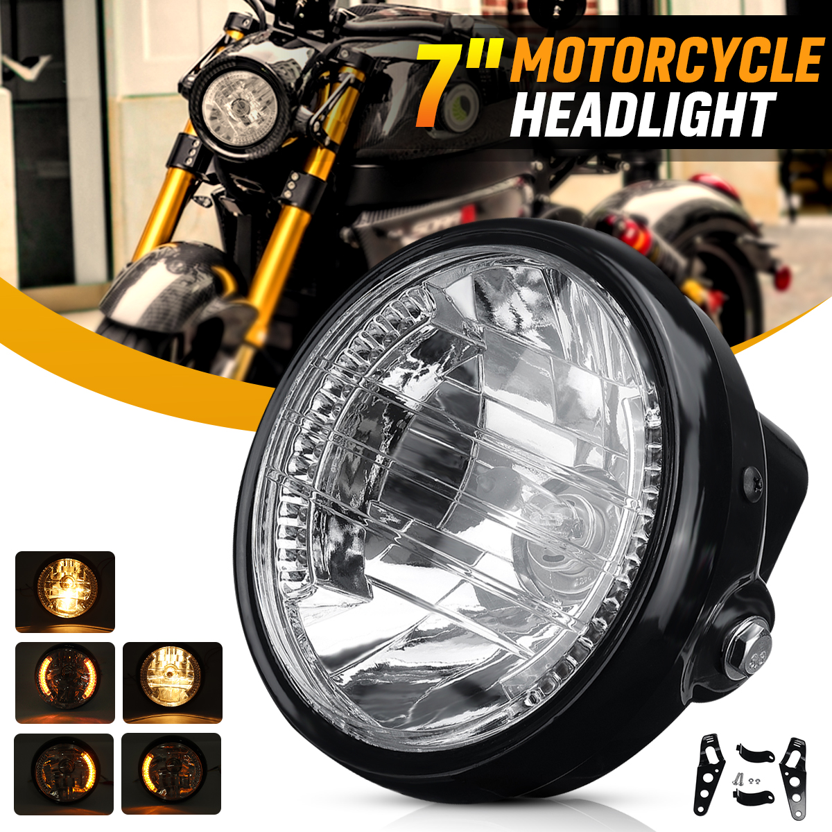 12V-7-Inch-Motorcycle-Headlight-Turn-Signal-Light-Black-Bracket-Mount-Amber-1733659