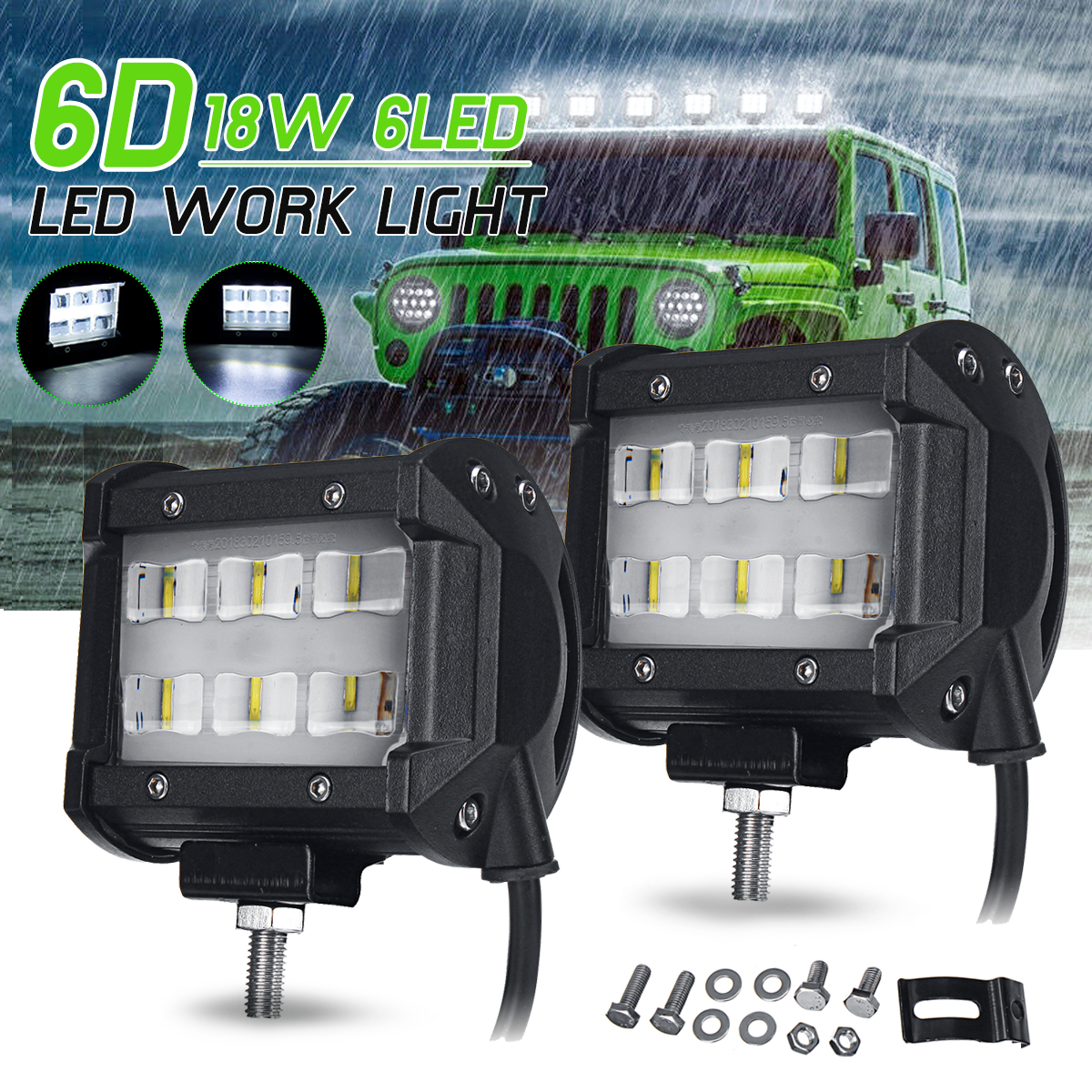 2Pcs-6D-6-LED-18W-6000K-Work-Light-Spot-Beam-Boat-Truck-Offroad-4WD-SUV-White-Lamp-IP67-1543874