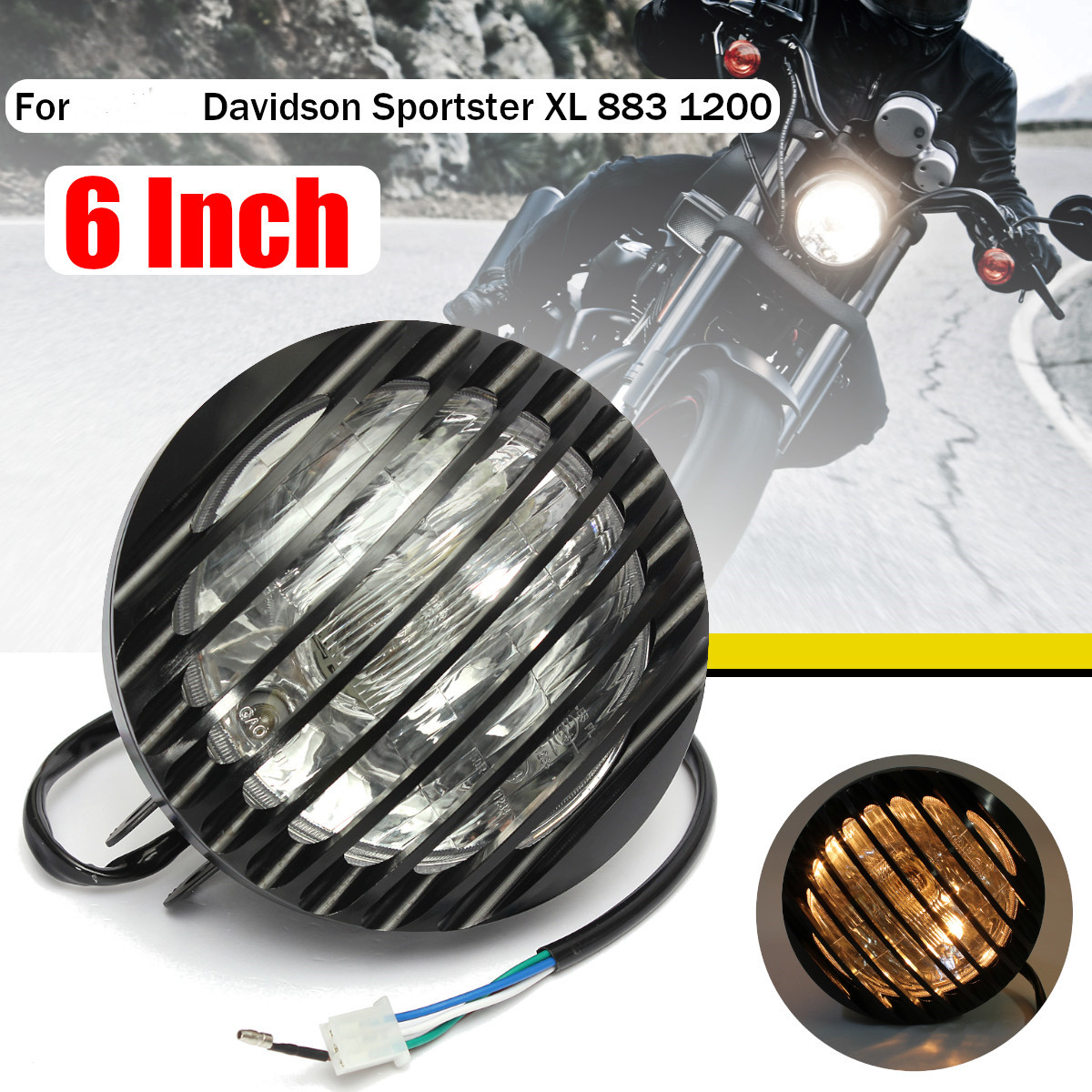 6Inch-Black-Metal-Motorcycle-Grill-Cover-Halogen-Headlights-For-Harley-Sportster-1381349
