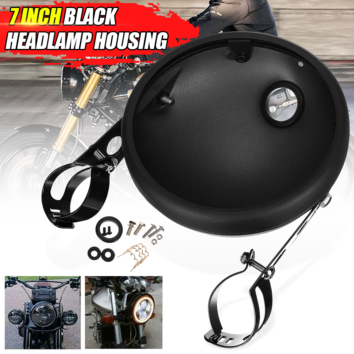 7inch-Motorcycle-Headlight-Housing-Cover-Mount--Bracket-Round-Headlamp-Black-1695769