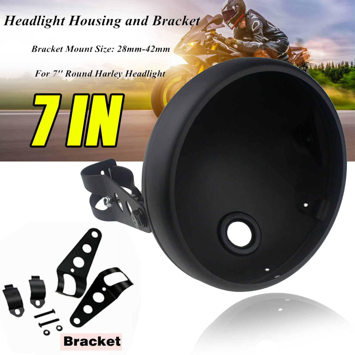 7inch-Motorcycle-Headlight-Housing-Cover-Mount--Bracket-Round-Headlamp-Black-1695769