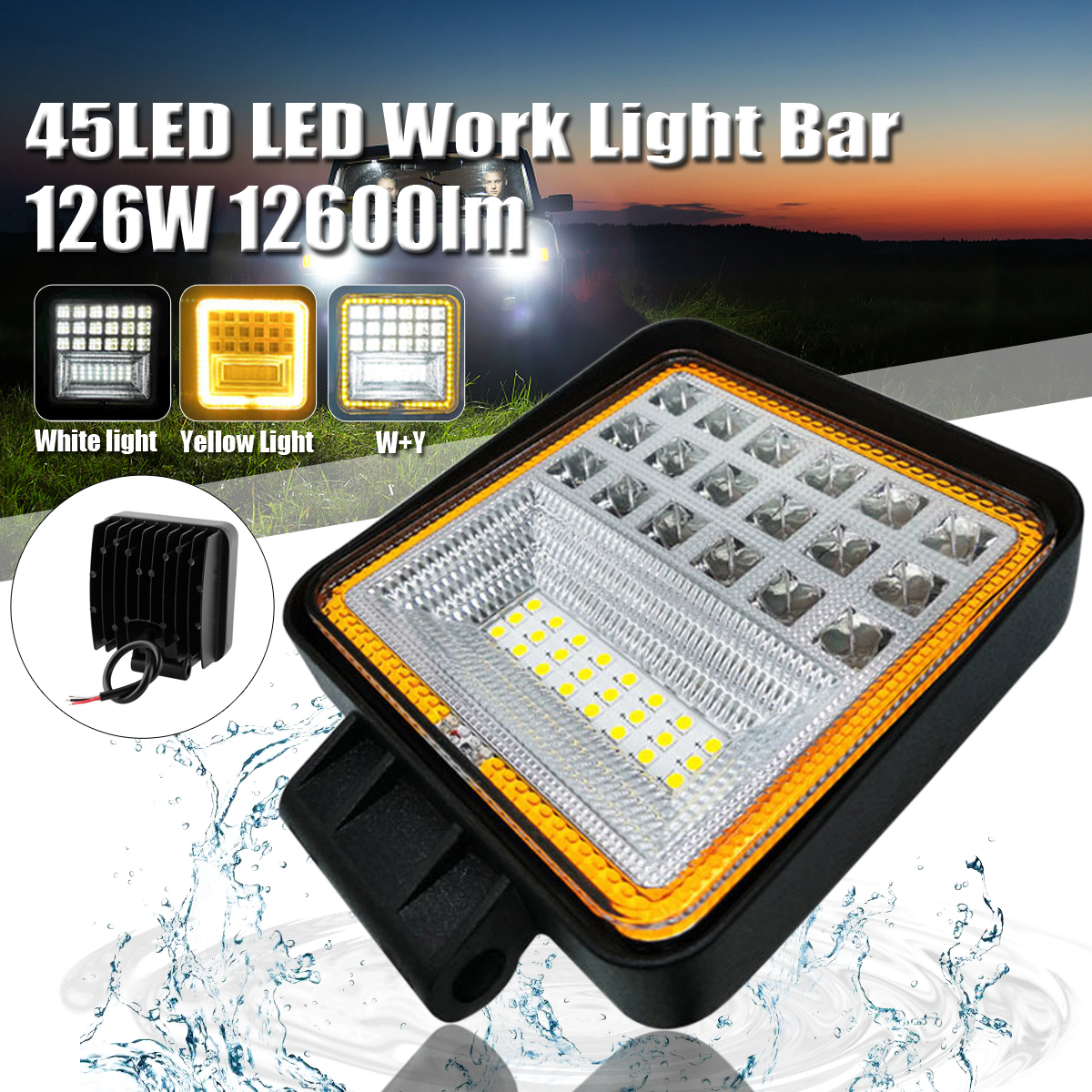 DC-9-30V-Work-Light-Bar-126W-12600lm-IP68-Waterproof-45-LED-WhiteGolden-1667780