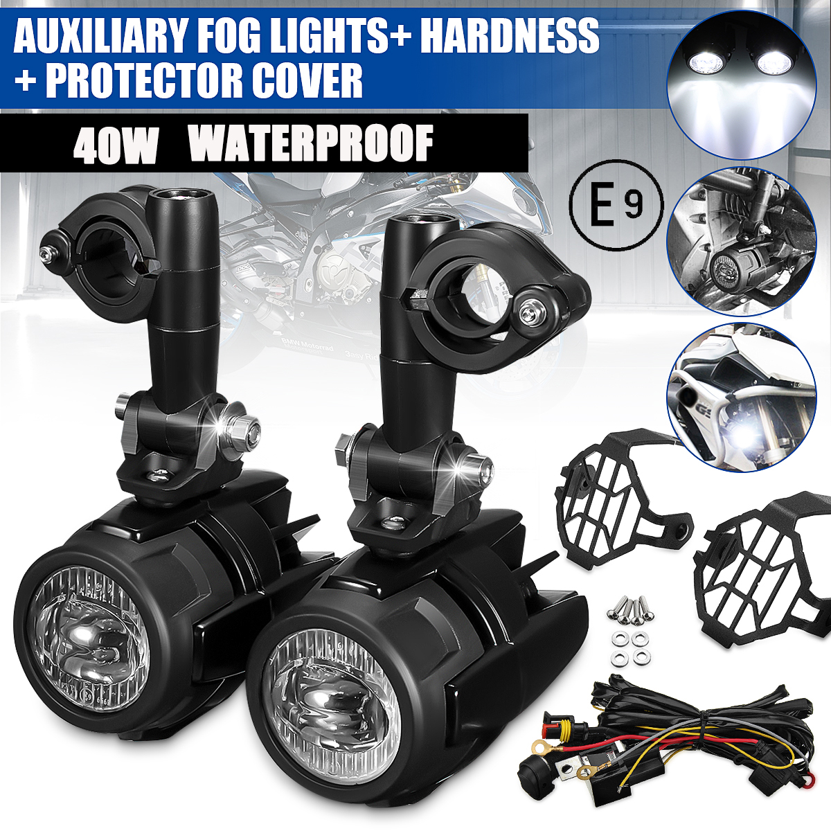Front-LED-Auxiliary-Fog-Spot-Lamp-Aluminum-Alloy-With-Light-Protector-Guard-Cover-Harness-For-BMW-R1-1727436