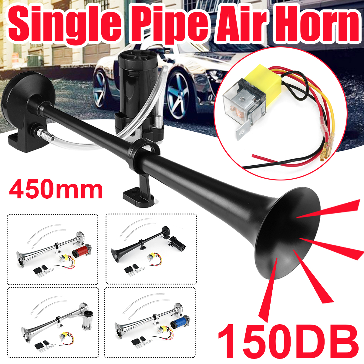 12V-Viping-Car-Horn-150DB-Air-Horn-450mm-Loudspeaker-Horn-Chrome-Zinc-Black-Single-1814507