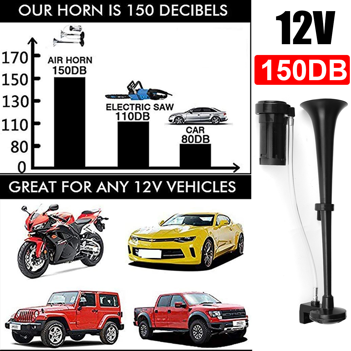 12V-Viping-Car-Horn-150DB-Air-Horn-450mm-Loudspeaker-Horn-Chrome-Zinc-Black-Single-1814507