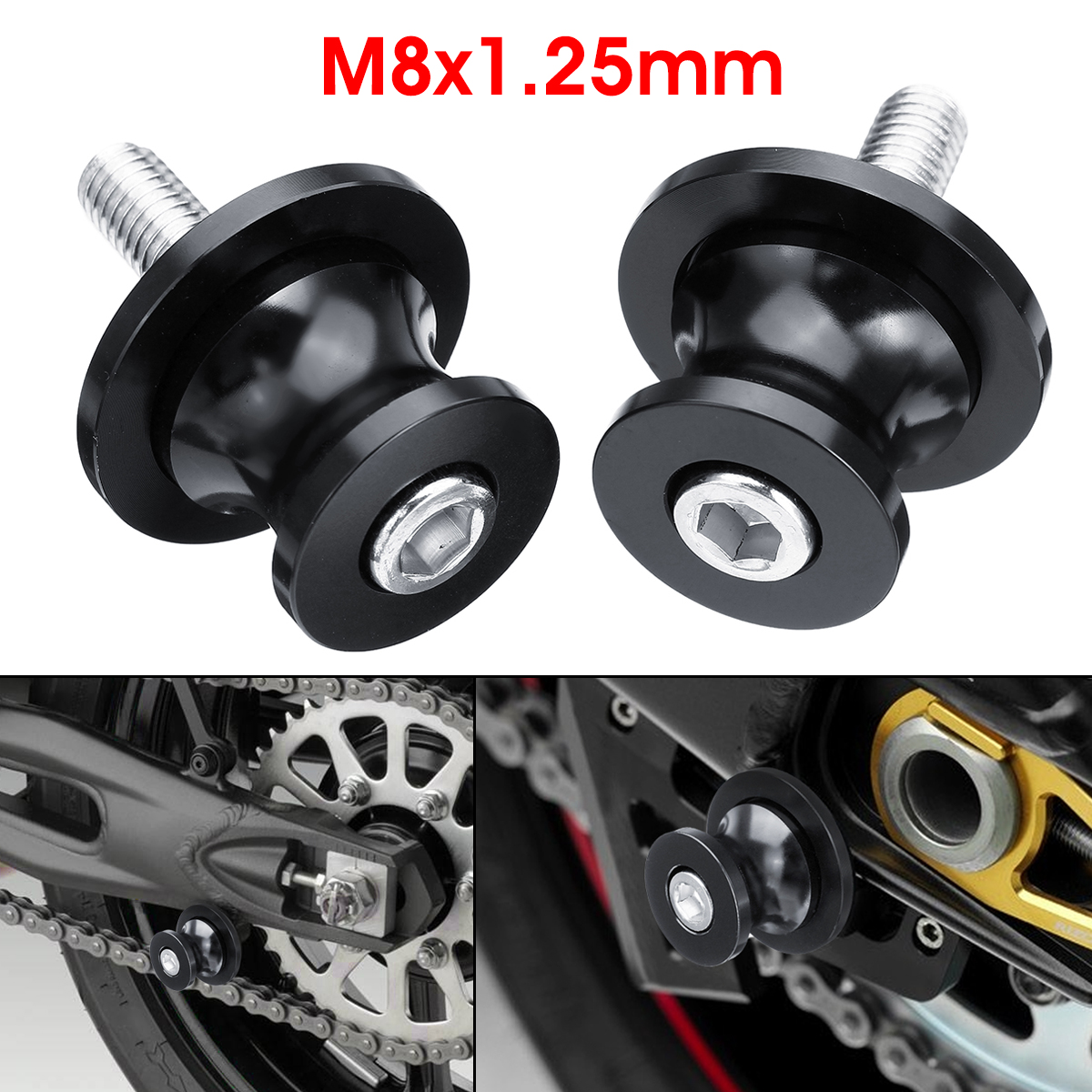 M8x125mm-Motorcycle-Swing-Arm-Slider-Paddock-Stand-Bobbin-Adapter-Spools-1424584