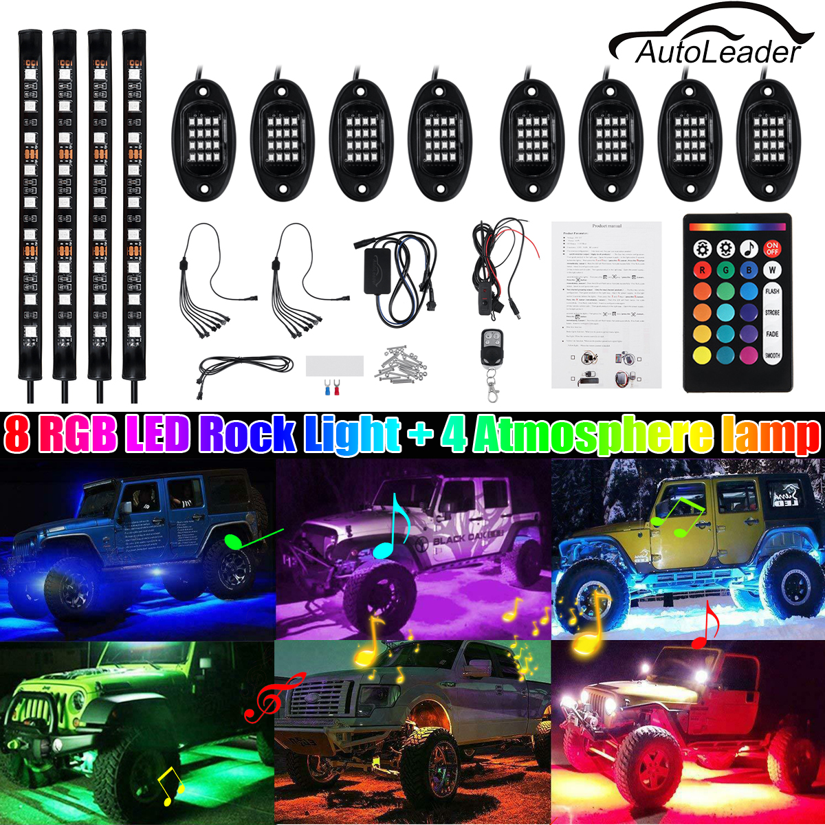 12V-8-Pods-LED-RGB-Rock-Light-Underbody-Neon-Atmosphere-Music-Neon-Lamp-RF-Dual-Remote-1819520