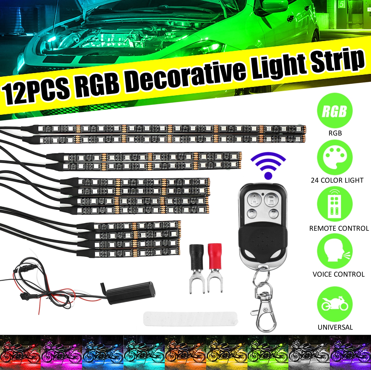 12pcs-5050SMD-LED-Neon-Strip-Lamp-RGB-24-colors-Remote-Control-Under-Glow-Lights-Decorative-Light-St-1727297