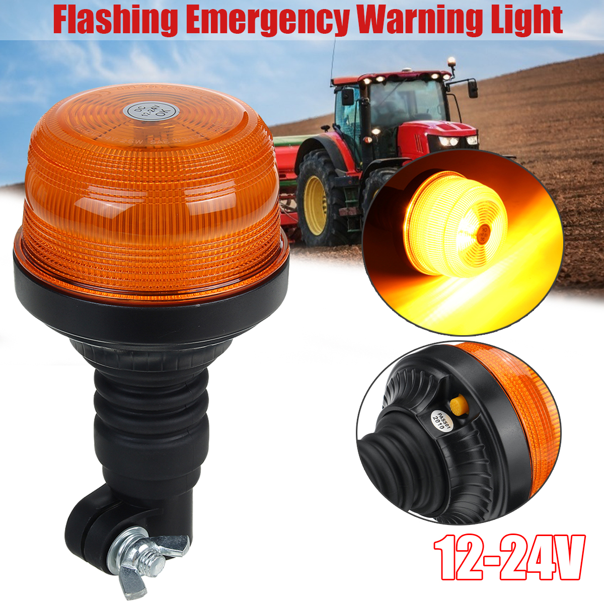 2412V-Vehicle-Roof-Amber-Flashing-Emergency-Strobe-Warning-Light-DIN-Pole-Mount-1812698