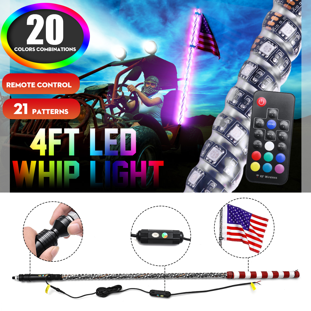 45ft-Lighted-LED-Car-Whip-Lights-5050RGB-Flagpole-Lamp-wFlag--Remote-For-Jeep-ATV-UTV-1613685