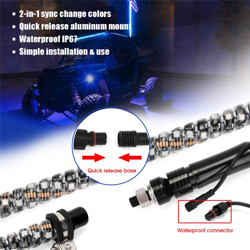 45ft-Lighted-LED-Car-Whip-Lights-5050RGB-Flagpole-Lamp-wFlag--Remote-For-Jeep-ATV-UTV-1613685
