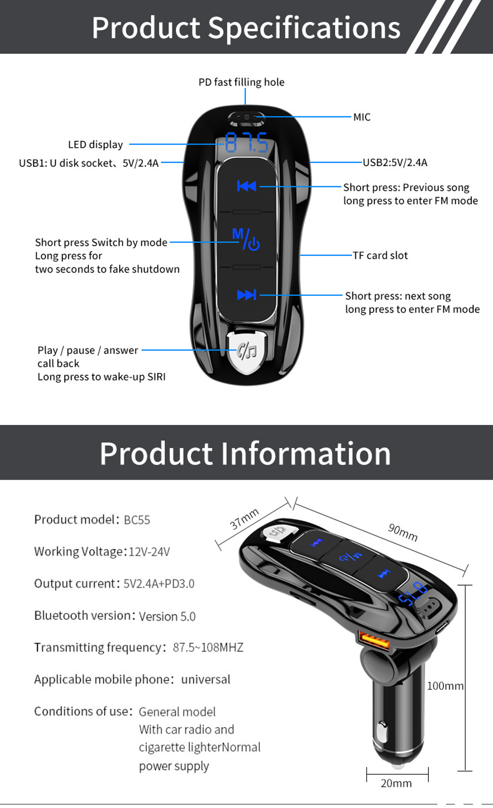 3BC55-bluetooth50-Wireless-Car-Charger-Multifunctional-Vehicle-Card-Mp3-Player-Handsfree-1629777
