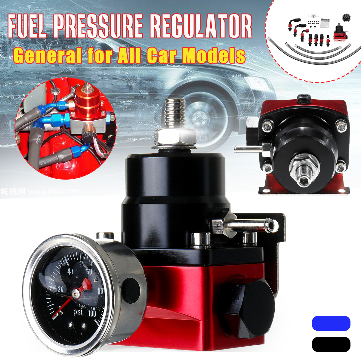 Adjustable-Fuel-Pressure-Regulator-FPR-Kit-Gas-Oil-Pressure-0-100psi-Gauge-6AN-AN6-Line-1550507