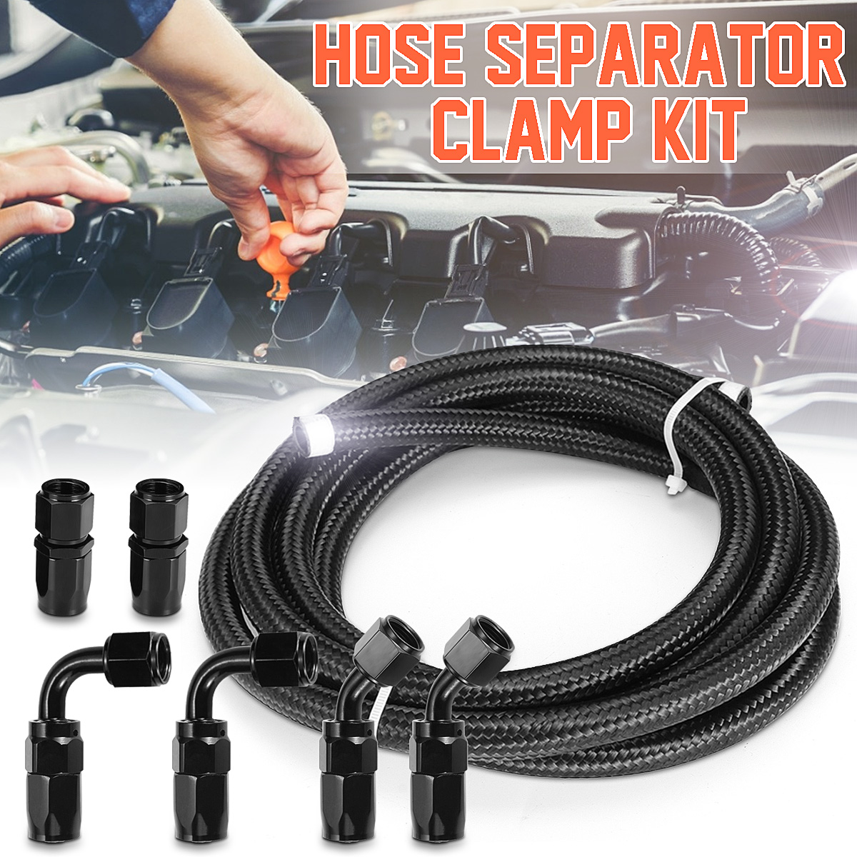 Braided-38-Fuel-Line-6AN-OilGasFuel-Hose-End-Fitting-Hose-Separator-Clamp-Kit-1630279