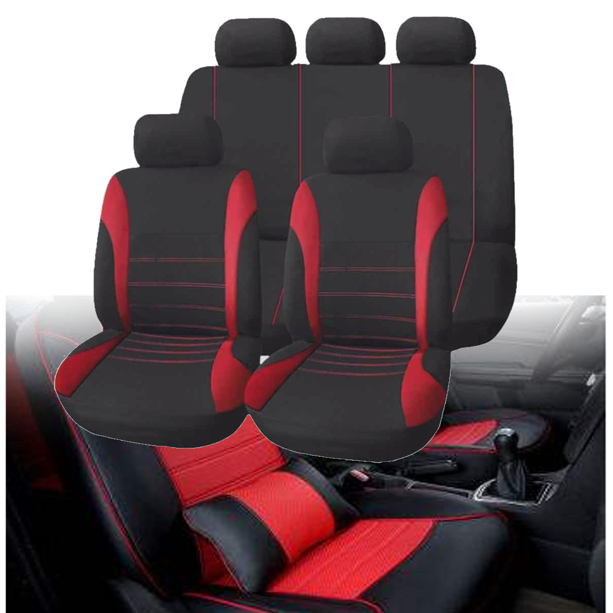 Universal-Polyester-Car-Seat-Cover-Protector-Full-Set-Front-Back-Headrest-RedBlack-1633105