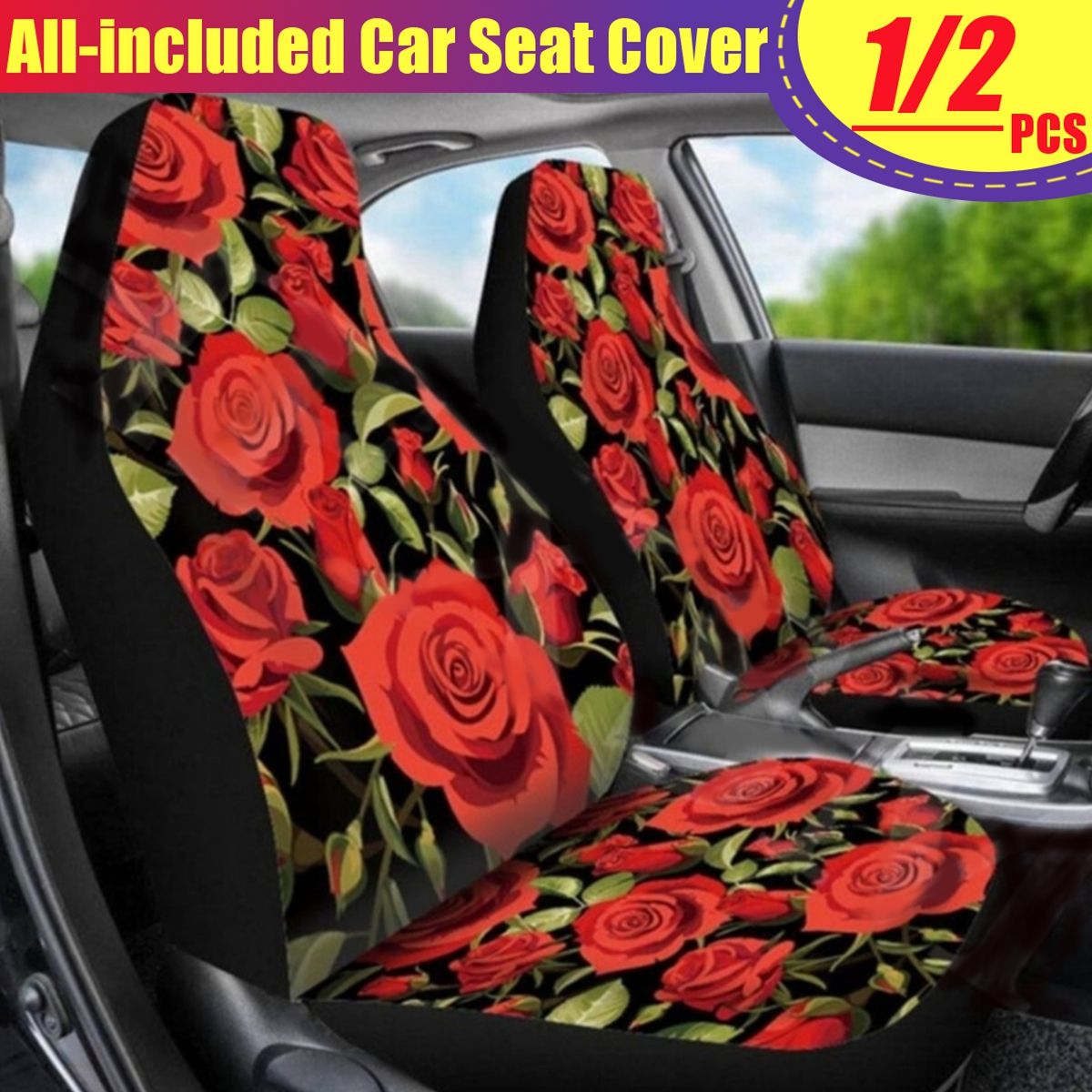 12-PCS-Universal-Car-Front-Seat-Cushion-Cover-Rose-Printed-Full-Protector-1651360
