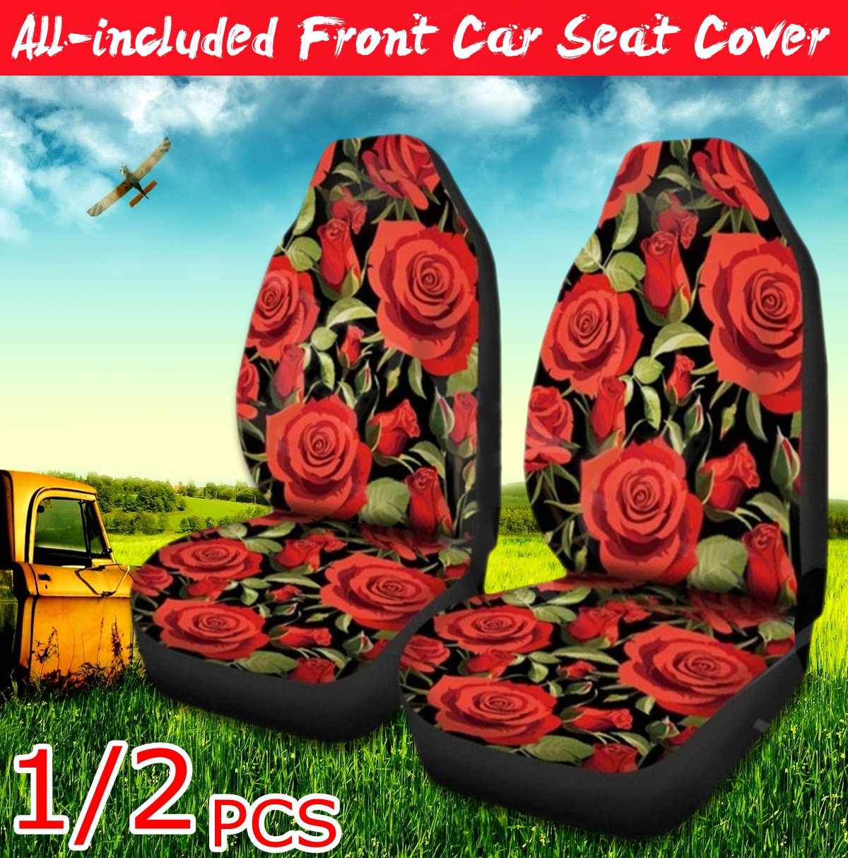 12-PCS-Universal-Car-Front-Seat-Cushion-Cover-Rose-Printed-Full-Protector-1651360