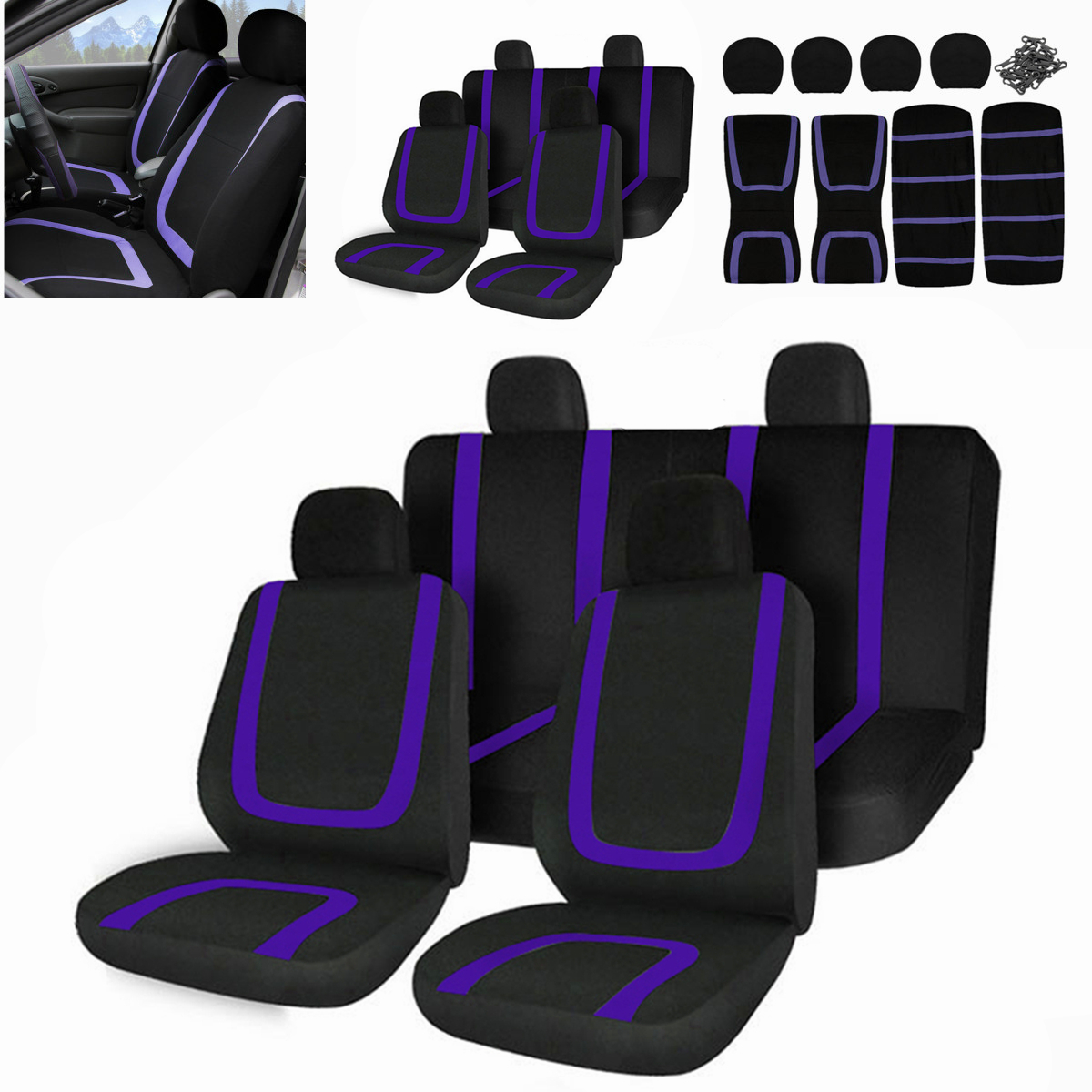 AU-Auto-Car-SUV-Seat-Covers-Full-Set-Full-Front--Rear-Head-Pillow-Case-Purple-1688985