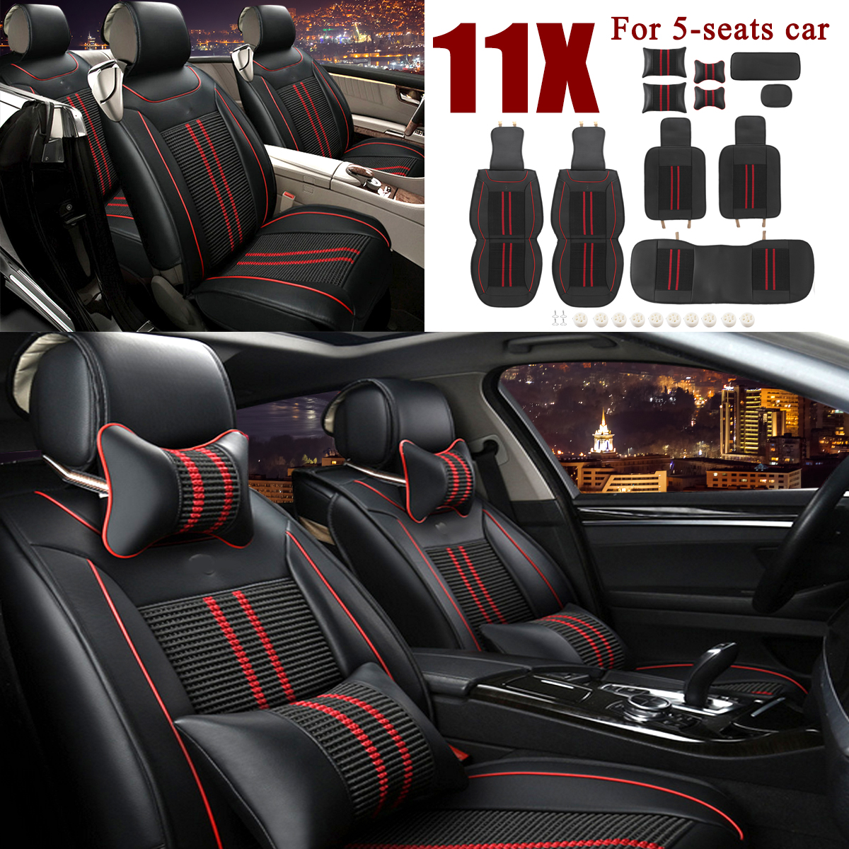 Universal-Car-5-Seat-PU-Leather-Black--Red-Full-Surround-Cover-Mat-Cushion-Pillow-1422188