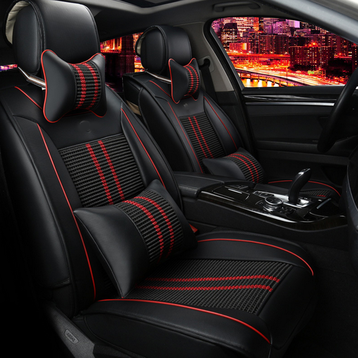Universal-Car-5-Seat-PU-Leather-Black--Red-Full-Surround-Cover-Mat-Cushion-Pillow-1422188