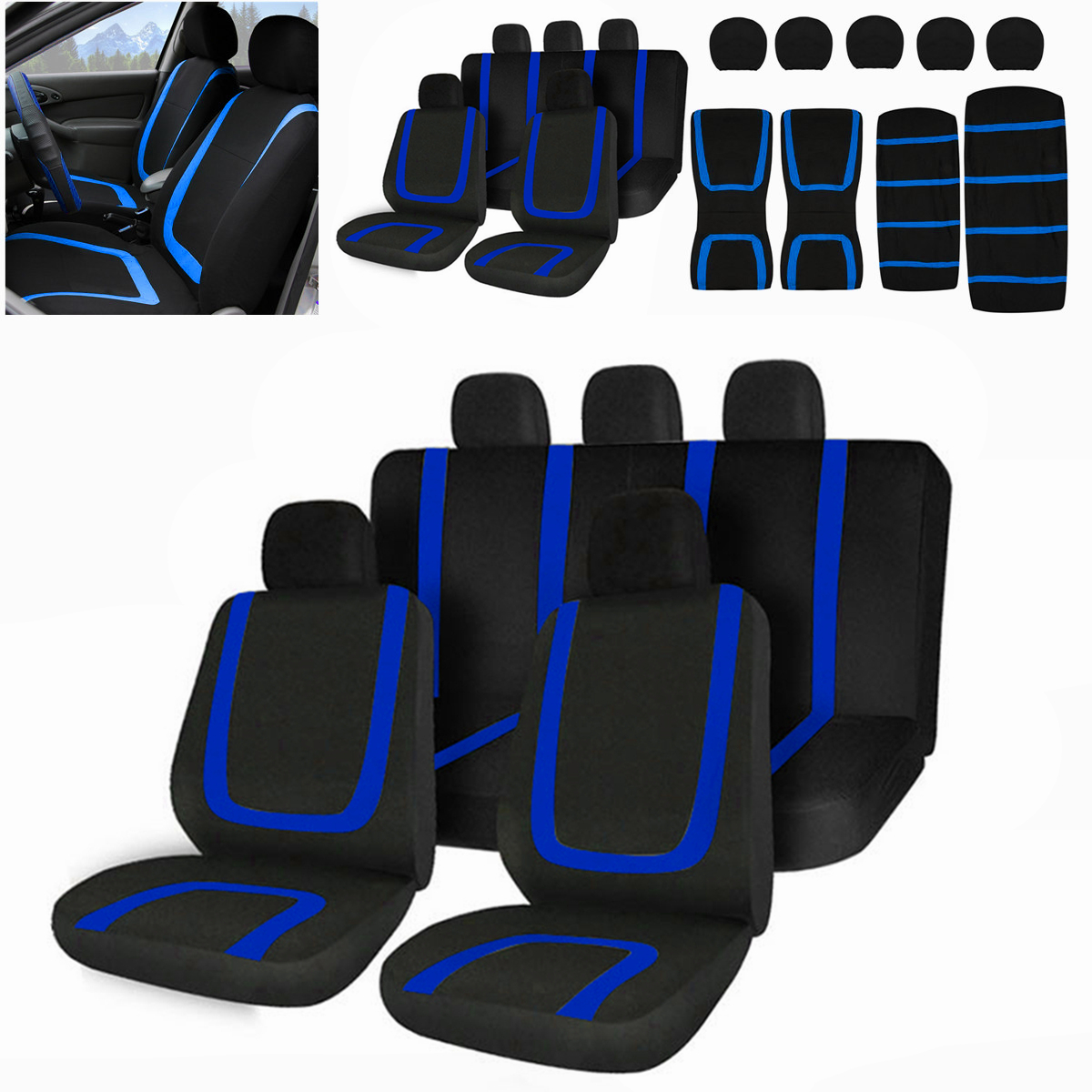 Universal-Car-Seat-Covers-Polyester-For-Auto-Truck-Van-SUV-5-Heads-Blue--Black-1689106